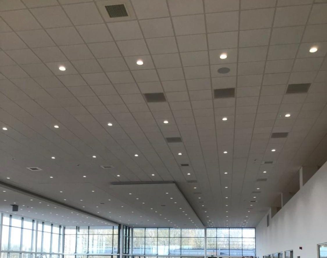 Large-span suspended grid ceiling with downlights over a showroom