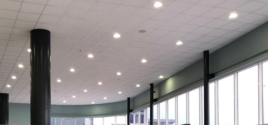 Suspended tile ceiling with downlights following a curved glazed showroom front