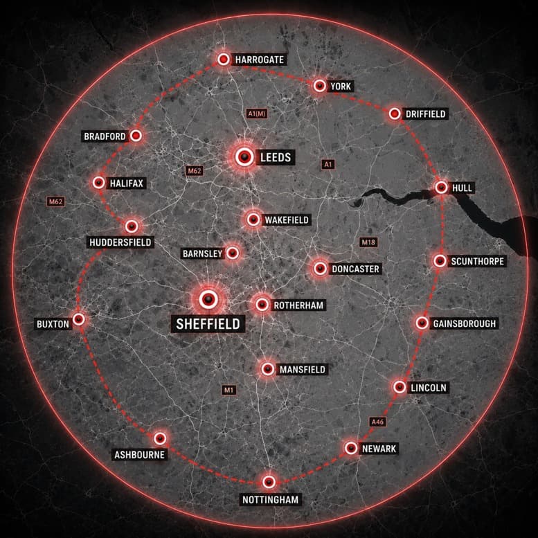 Map of Shawford New Build Housing's operating area, a radius centred on Sheffield reaching Harrogate, York, Hull, Lincoln, Newark, Nottingham, Ashbourne and Buxton
